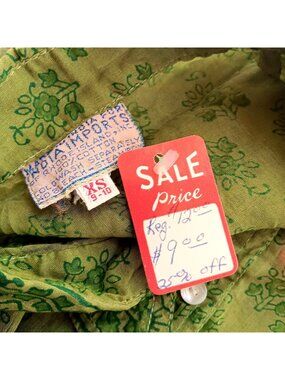 True Vintage Blouse XS Hand-Block Printed Sheer Green Cotton Button-Up Shirt Ind